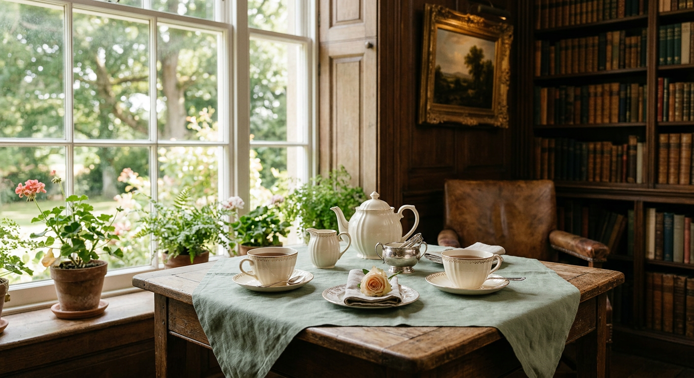 Two cream teacups set across a small table by a window