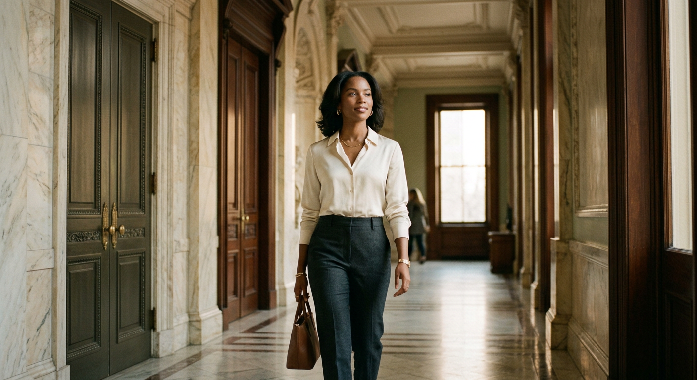 A woman walking with quiet confidence through a grand marble hallway