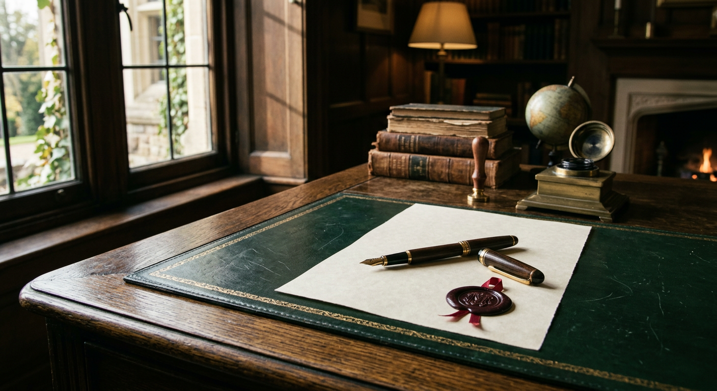 A writing desk with a sealed letter, fountain pen, and old books