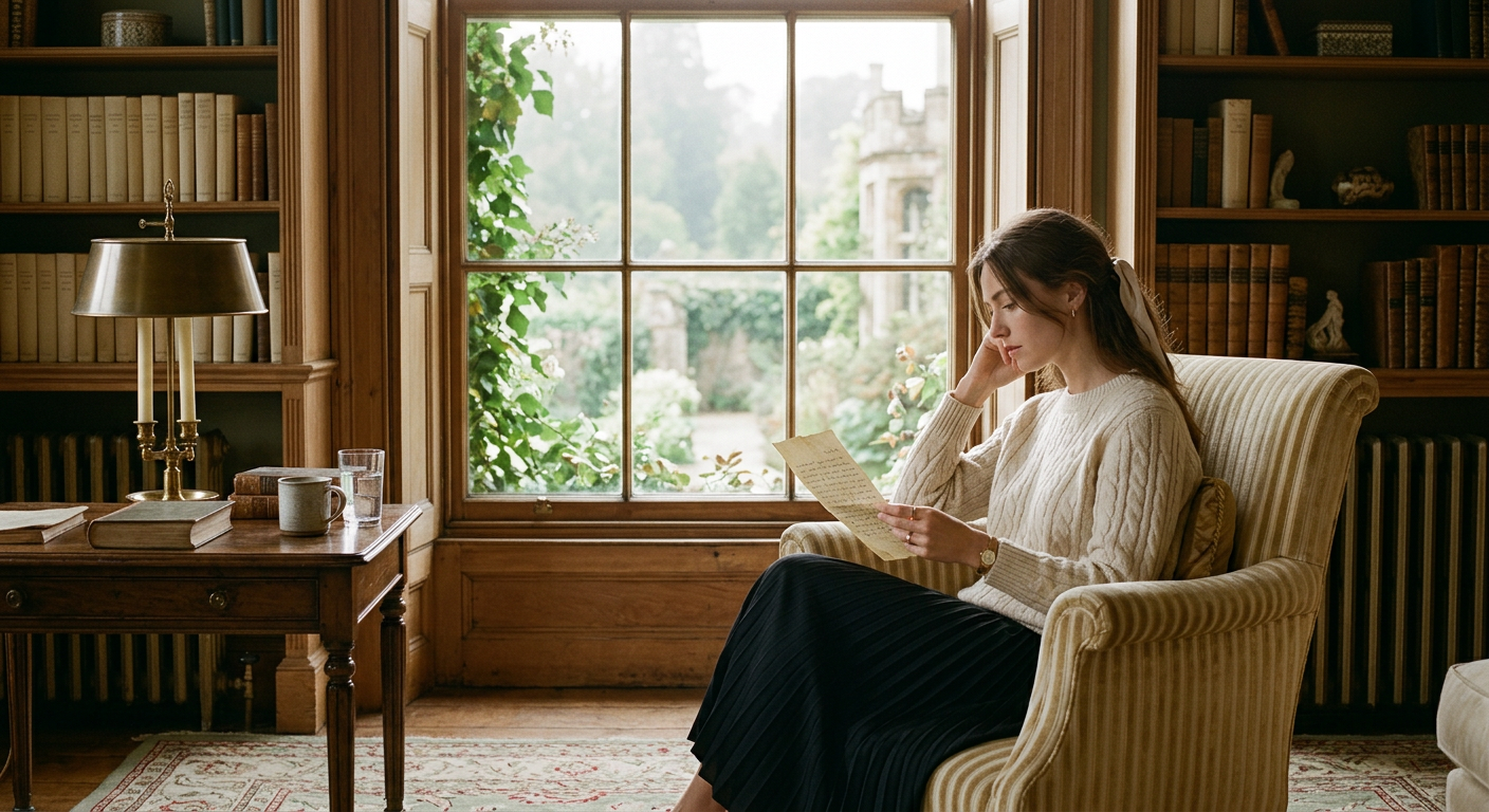 A woman reading a letter in a quiet library armchair