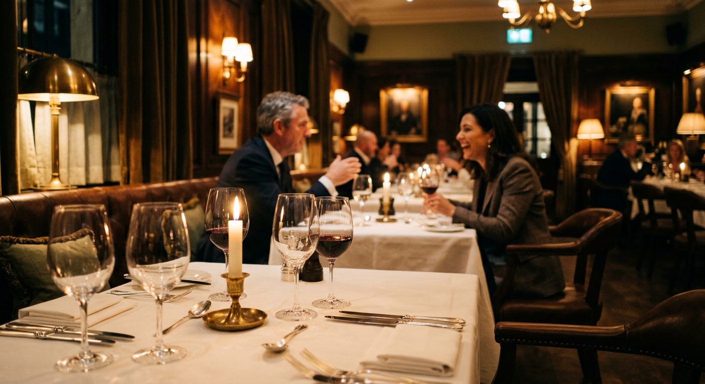 A formal dinner table set for a quiet client dinner