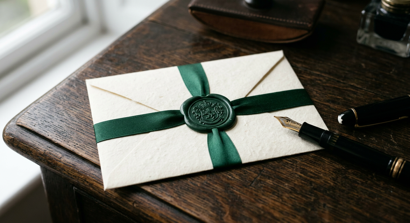 A wax-sealed letter and fountain pen on a wooden desk